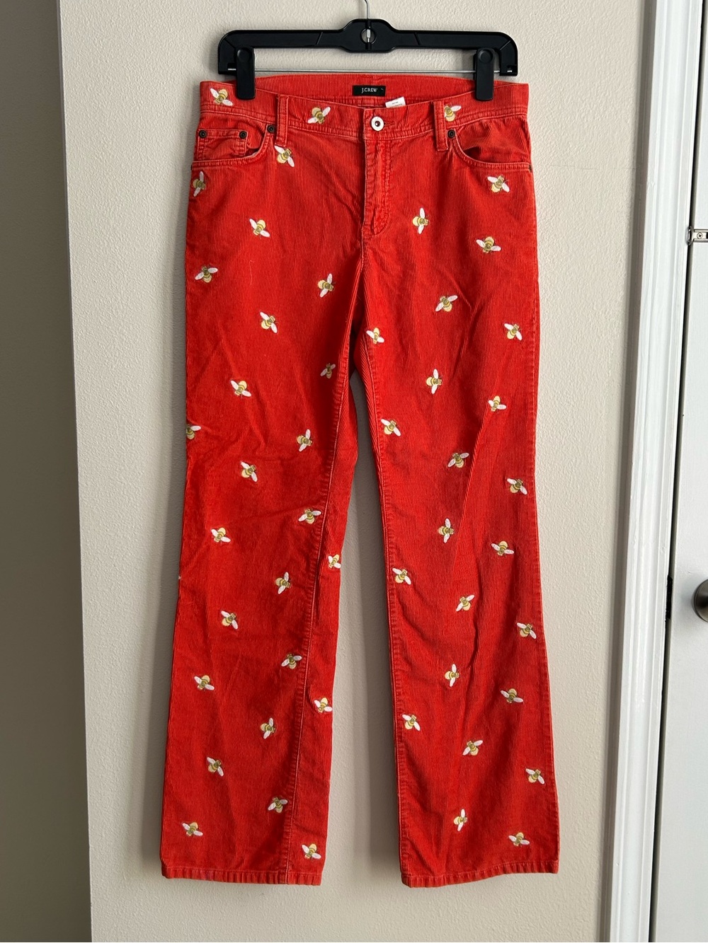 J. Crew Red Orange Bumble Bee Embroidered Corduroy Straight Leg Jeans Pants Sz 4